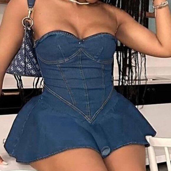 Women's Denim Tube Dress Sleeveless Mini Dress Flared Hem Casual - Picture 5 of 6